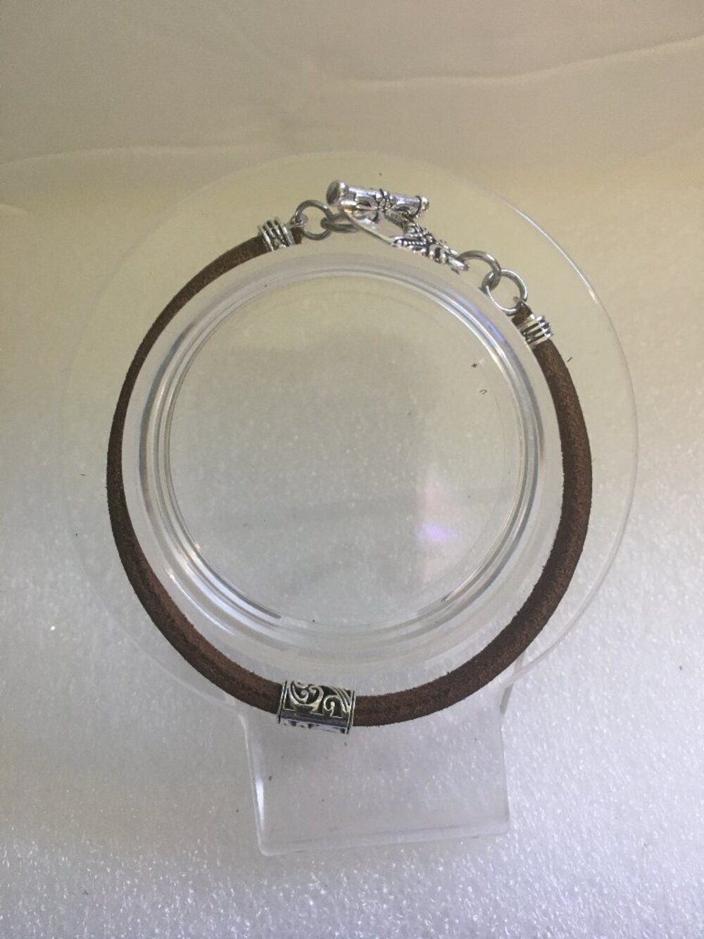 Handmade Genuine Brown Leather Bracelet w/ Silver Swirl Bead & Toggle Clasp